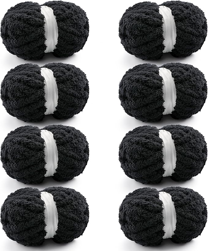 8 Pcs Chunky Yarn for Hand Knitting - Chunky Chenille Yarn for Crocheting - Fluffy Yarn for Crochet - Jumbo Yarn for Hand Knitting 28.4 yds 7.7 oz of Super Bulky Yarn (Black)