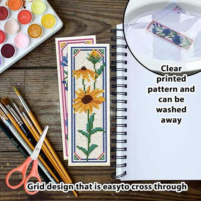 ORIGACH 6 Pcs Flower Cross Stitch Bookmark Kit for Beginner with Backing Felt Floss Instruction Sunflowers Tulip DIY Stamped Embroidery Bookmark Kit for Starter Adults Book Lovers