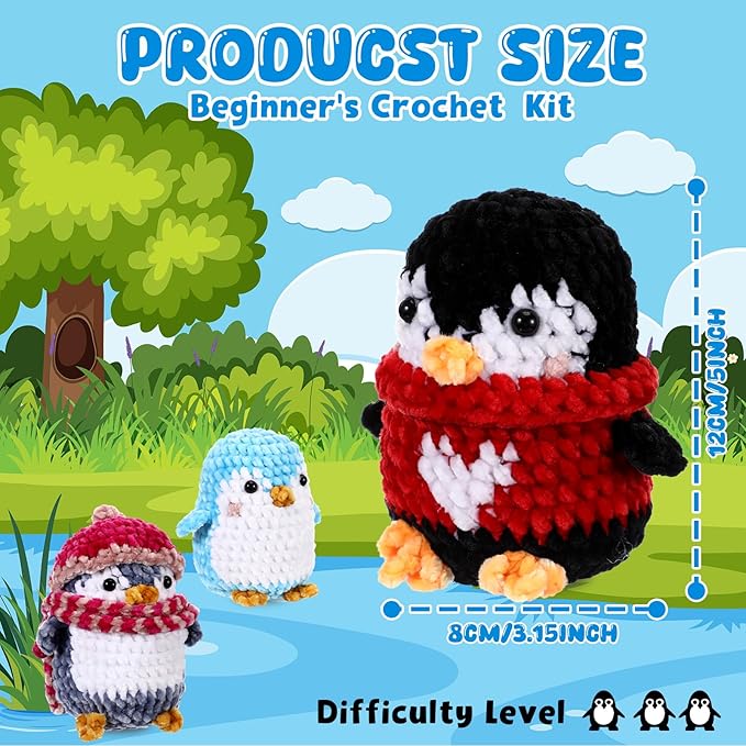 XunYee 3 Pcs Little Penguins Crochet Kit DIY Amigurumi Set Chenille Yarn Crochet Kit for Beginners with Complete Tools Step-by-Step Pattern Craft Gift for Adults