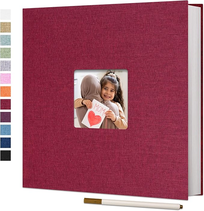 Vienrose Large Photo Album Self Adhesive for 4x6 8x10 Pictures Linen Scrapbook Album DIY 60 Blank Pages with A Metallic Pen Red
