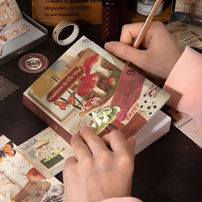 joychoic vintage journaling kit, mushroom junk journal supplies, brown scrapbooking materials, large aesthetic scrapbook collection for women, arts craft, adults daily