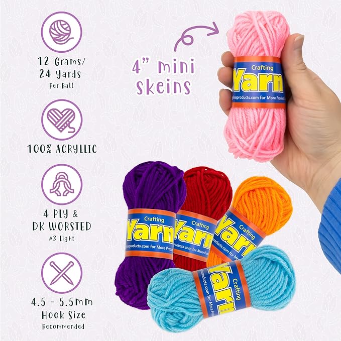 Hygloss Assorted Acrylic Yarn Set - 48 Mini Colorful Skeins for Crocheting & Knitting - Soft, Smooth 100% Acrylic - 4X 12-Packs, 24 Yard Per Skein, Total 1,152 Yds