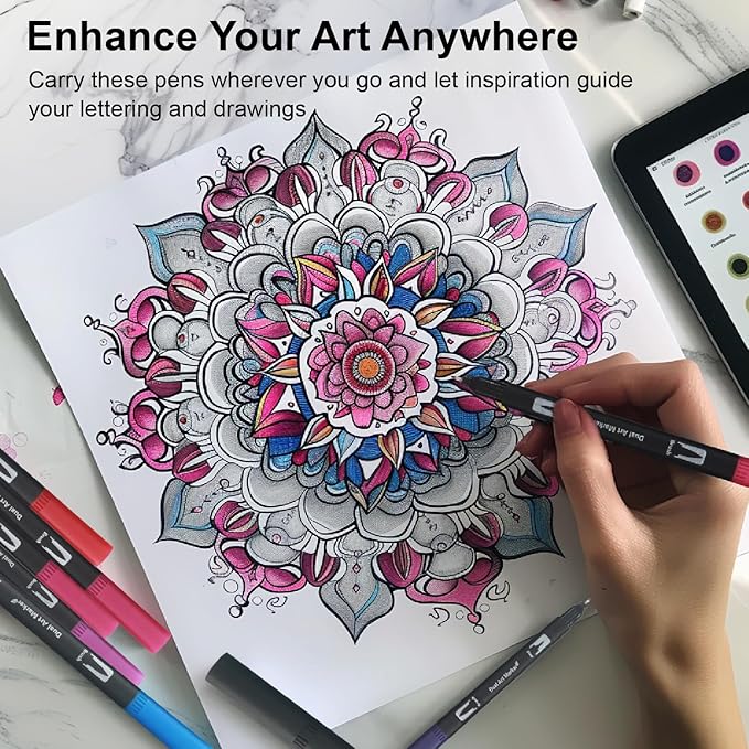 Markers for Adult Coloring Books No Bleeding, Set of 36 Colors, Coloring Pens for Adults, Dual Brush Marker Pens with Fine & Brush Tips, Art Supplies for Drawing, Calligraphy, Sketching and Doodling.