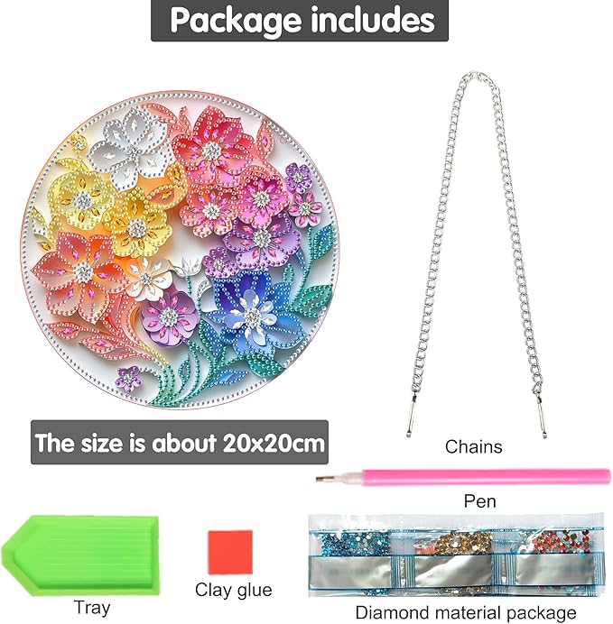 Bimkole Colorful Flowers Diamond Art Hanging Kit for Adult, DIY 5D Diamond Art Stamens Window Pendant, Acrylic Crystal Art Hanging Ornament Home Wall Garden Front Door Sign Outdoor Decor 7.8x7.8 Inch
