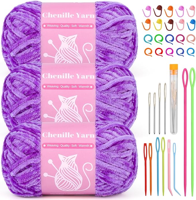 LUNARM Chenille Velvet Yarn for Crocheting Knitting, Soft Yarn for Making Blankets Clothes - 3*3.35oz, 3*162yds (Light Purple)
