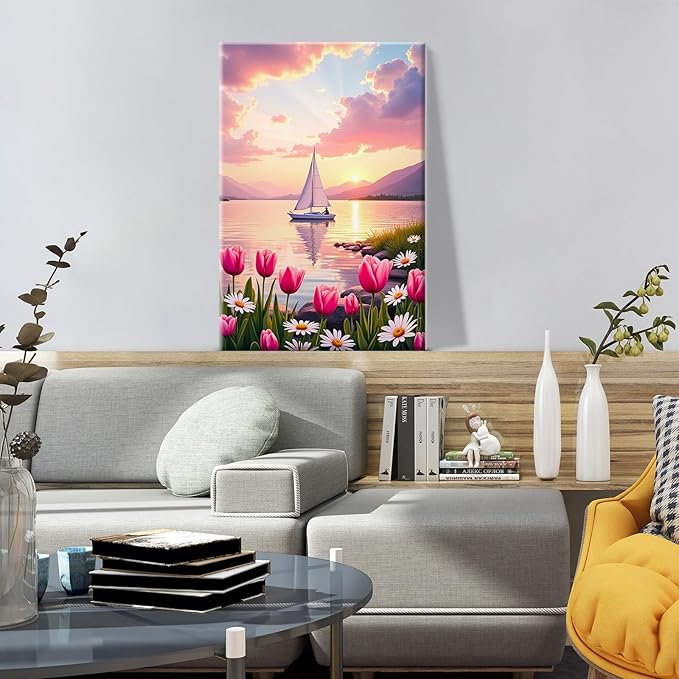 ATDMS Paint by Numbers Kit for Adults Flowers Paint by Number with Frame Sailboat Paint by Number with Easel Sunset Adults Paint by Number Kits Framed Canvas for Gift Home Wall Decor 8x12 Inch