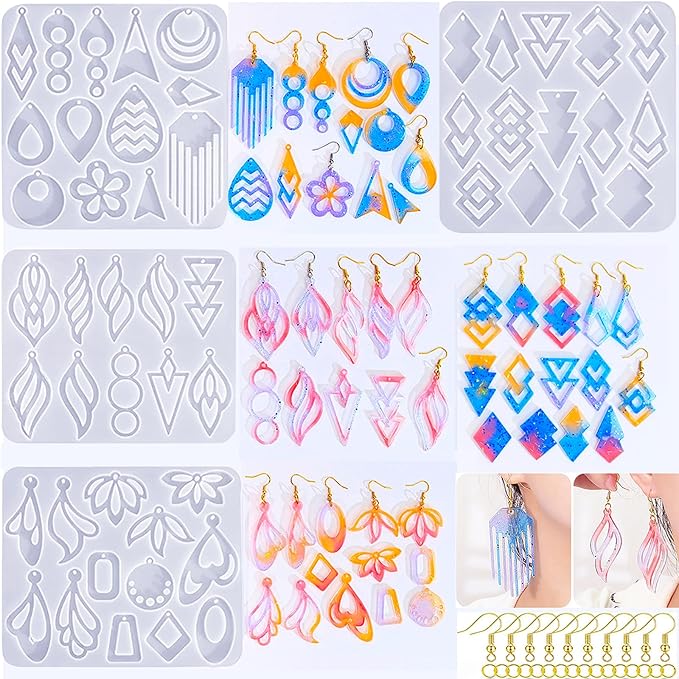 104Pcs Geometric Resin Earring Molds Kit, Irregular Shaped Earrings Silicone Mold for Epoxy Resin Dangle Drop Jewelry Molds Making Kit with 100 Earring Hook for Earrings Necklace Pendants (clear)
