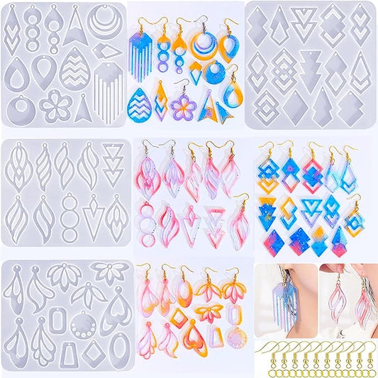 104Pcs Geometric Resin Earring Molds Kit, Irregular Shaped Earrings Silicone Mold for Epoxy Resin Dangle Drop Jewelry Molds Making Kit with 100 Earring Hook for Earrings Necklace Pendants (clear)