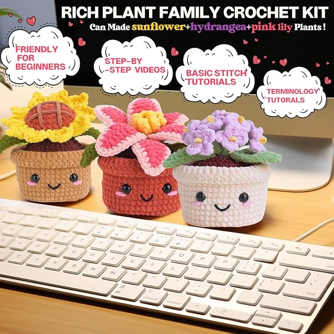 Samesuit Crochet kit for Beginners with Step-by-Step Video Tutorials,Basic Stitch tutorials Video,More Color Yarn,Plants Family(40%+ Yarn)
