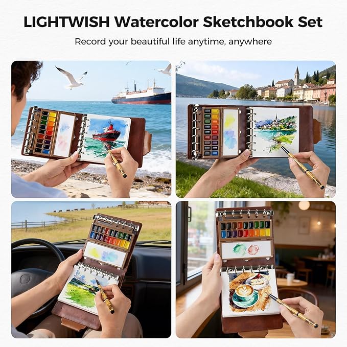 Portable Watercolor Sketchbook Set - 100% Cotton Cold Press 5.1x4.3 Inch 20Sheets Binder Art Journal with 18-Well Ceramic Paint Palette & Travel Watercolor Brushes for Artists Outdoor Painting