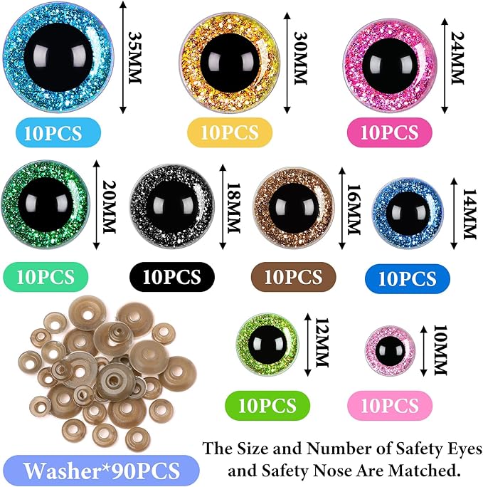 UPINS 180 Pieces 10-35 mm Large Safety Eyes with Washers for Amigurumi Stuffed Animal Plastic Craft Doll Crochet Eyes for DIY of Puppet, Bear, Toy Making Supplies (Assorted Colors)