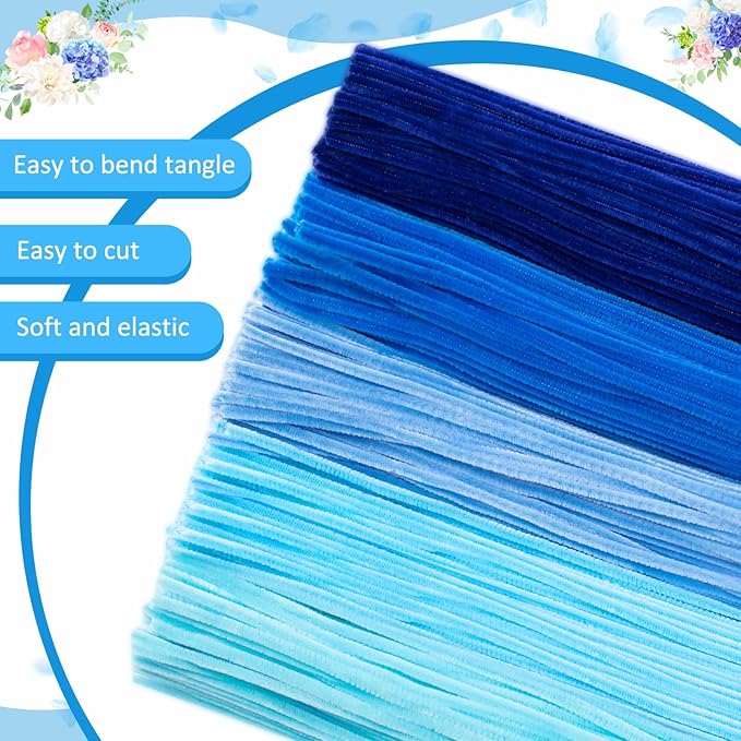 Peryiter 371 Pipe Cleaners Flowers Set, Mixed Colors Chenille Stems Bulk with Floral Wires, Gardening Tape, Stamen for DIY Flower Making Kit, Gift Idea for Mother's Day(Blue)