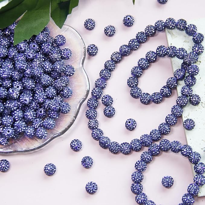 100 Pcs 10mm Rhinestone Beads for Jewelry Making, Purple Shiny Round Shamballa Disco Baseball Necklace Beads Sparkle Crystal Clay Pave Rhinestones Bead for DIY Bracelet Earring Craft Making Supplies