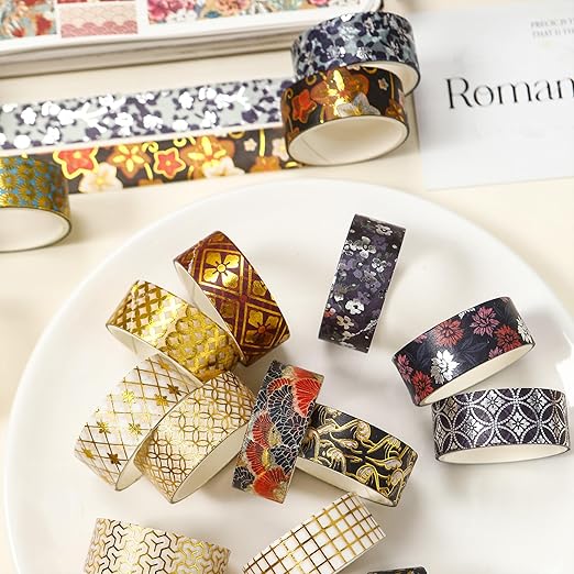 10 Rolls Sakura Washi Tape Set Japanese Arts Adhesive Tapes Gold Silver Foil Decorative Masking Tape Sets for Craft, Kids, Scrapbook, DIY, Gift Wrapping (Golden Kimono)
