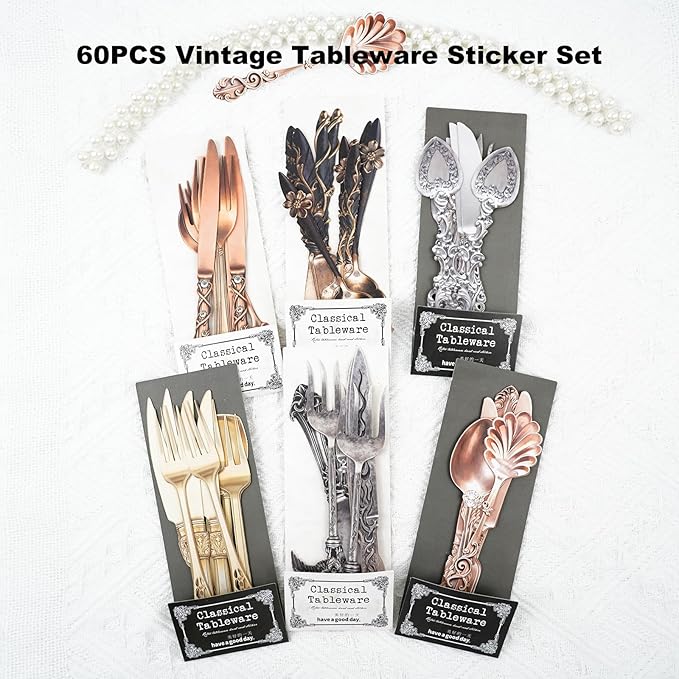 Retro Tableware Cardstock Sticker Set – 60pcs Vintage Metal Utensils for Scrapbook, Journal, Collage & Paper Crafts