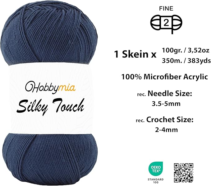 Silky Touch Acrylic Yarn - Soft Sport Weight Yarn for Crochet & Knitting - 100g / 383yds - 100% Microfiber Acrylic - Lightweight Fine Smooth Yarn(Blue - Navy Blue, 1 Skein)