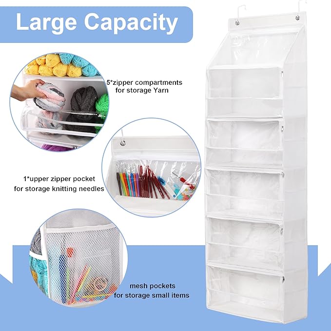 Hanging Yarn Storage Organizer, Large Capacity Knitting Organizer Storage with 6 Zipper Closure Compartments, Over the Door Hanging Yarn Holder for Knitting Needles Crochet Kit Crochet Hooks