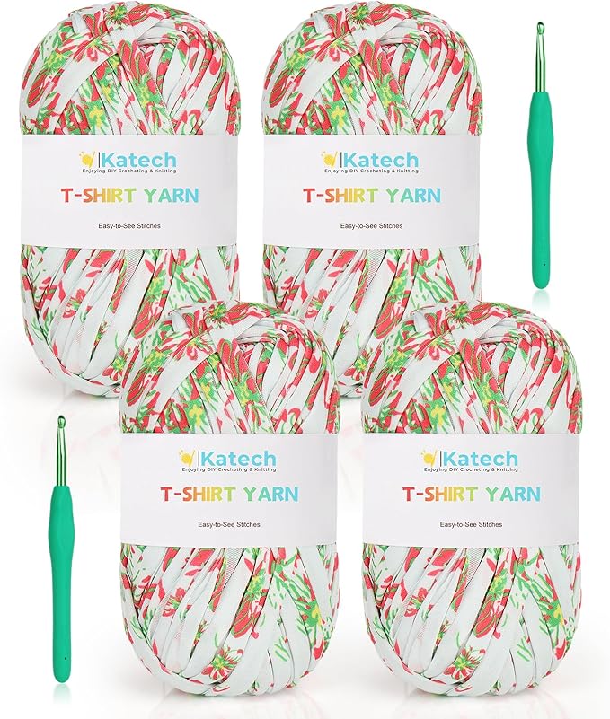 Katech 130 Yards Tshirt Crochet Yarn for Crocheting, 400g Spaghetti Yarn Fabric Cloth Yarn for DIY Knitting Handmade Basket Cushion Decor, Easy Yarn for Beginners (Green-Floral)