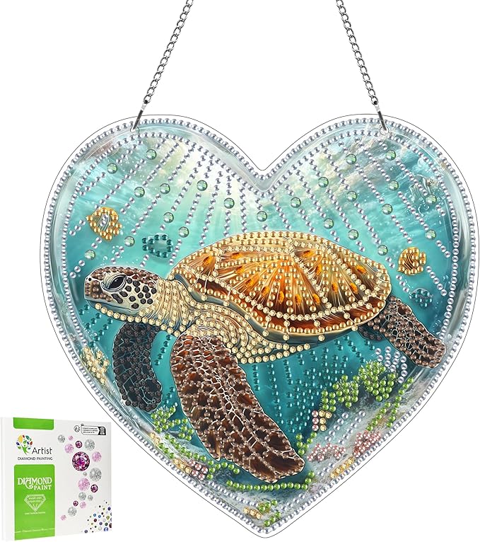 LOMSIOY Diamond Art Hanging Kit for Adult, Turtle Front Door Sign Window Decor for Outdoor, Animal Double Sided Summer Decor Suncatcers for Porch, Hanging Pendants for Garden Wall （8x8 Inch