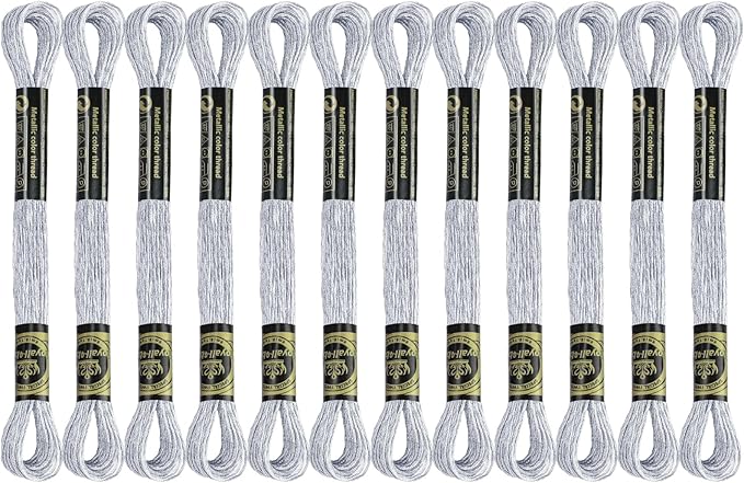 12 Skeins Embroidery Floss, Silver Metallic Embroidery Thread Polyester Cross-Stitch Threads for Hand Embroidery String Art DIY Creation