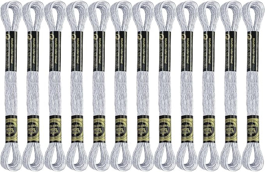 12 Skeins Embroidery Floss, Silver Metallic Embroidery Thread Polyester Cross-Stitch Threads for Hand Embroidery String Art DIY Creation