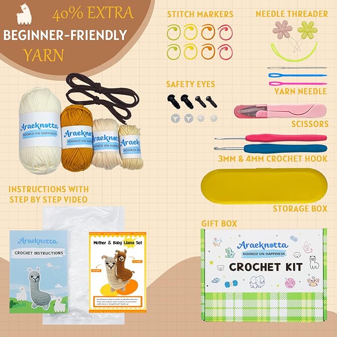 Araeknotta Crochet Kit for Beginners with Easy to Use Yarn, Crochet Hooks, Video Tutorial, Animal Amigurumi Craft Gift for Kids Women Adults (Llama 2 Pack)