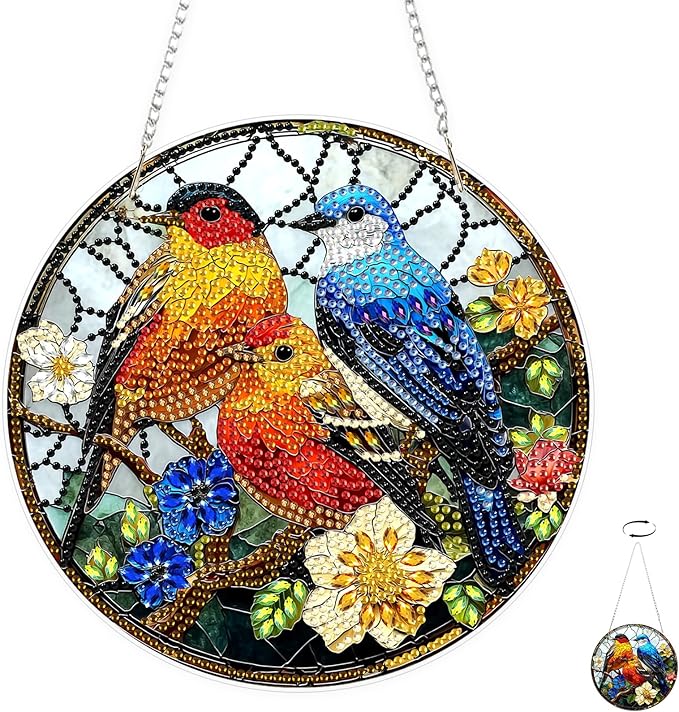 TOSTOG Diamond Art Hanging Kits for Adults, 5D Diamond Painting for Adults Window Pendant, Special Shape Diamonds DIY Bird Flower Diamond Painting Hanging Pendant Kit for Wall Decor Gift