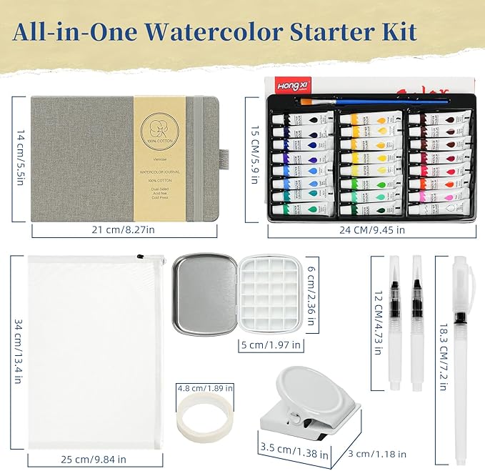 Vienrose Mini Portable Watercolor Palette Set for Travel & Outdoor Painting with 8.5" x 5.5" Linen Cover Watercolor Sketchbook, 24-Color Watercolor Paints, 3 Pens, Artist Tape & Storage Bag