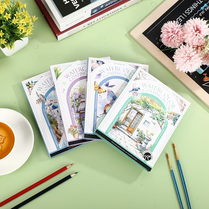 Dunzoom 64 Sheets Watercolor Coloring Book 4 Pack Water Color Workbook Paper Paint Set with 12 Colors Paint Cakes and Brushes for Adults Beginners Art Painting Supplies (Butterfly&House)