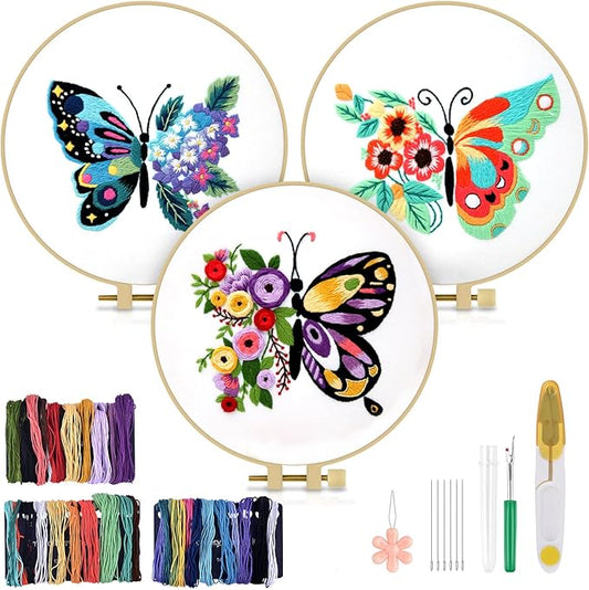 TINDTOP 3 Sets Embroidery Stitch Practice kit, Butterfly Flower Embroidery Kit for Beginners Include Cloth Hoops Threads for Craft Lover Hand Stitch with Embroidery Skill Techniques