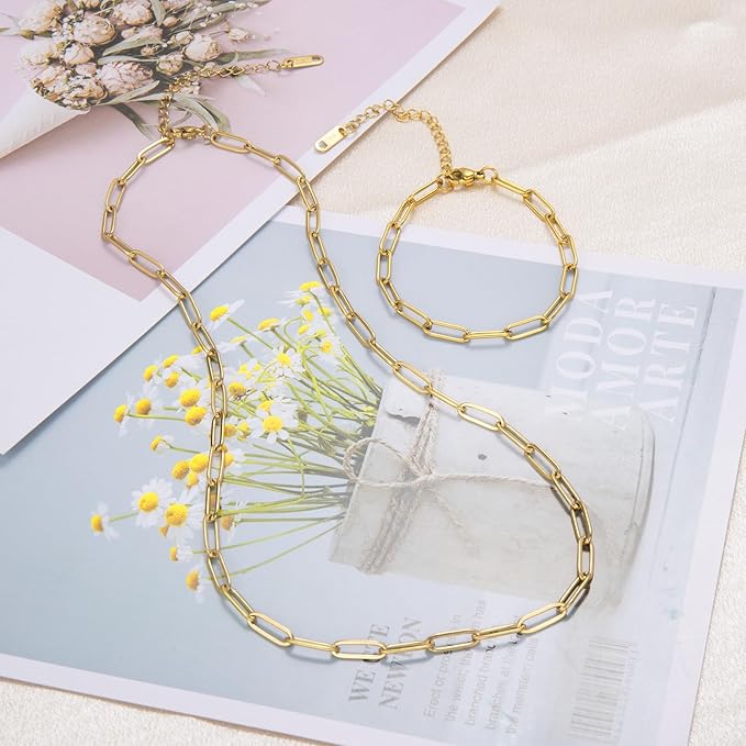 20 Pcs Chain Necklace Bracelets Kit, 18K Gold Paperclip Chain, Including 18 Inch Necklace & 6.5 Inch Charm Bracelet with Lobster Clasps, Perfect for Women DIY Jewelry Making