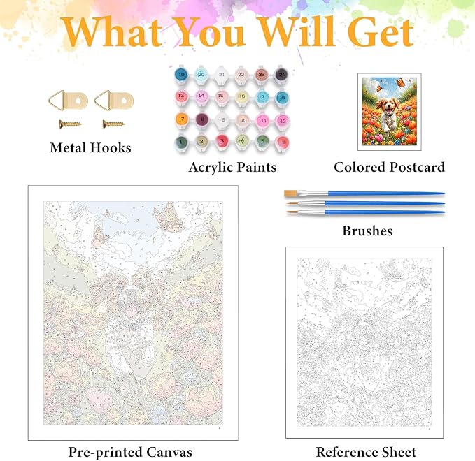 Okarina Paint by Numbers Kit for Adults Beginner Dog, Flowers Adult Paint by Number Kits on Canvas, Happy Puppy DIY Acrylic Oil Painting by Numbers for Adults, Perfect for Home Wall Decor 16X20 Inch