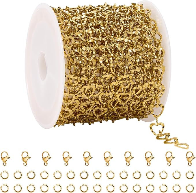 YOUBEIYEE 5 Meters Gold Plated Hollow Heart Chain for Jewelry Making Stainless Steel Link Chains Bulk on Spool