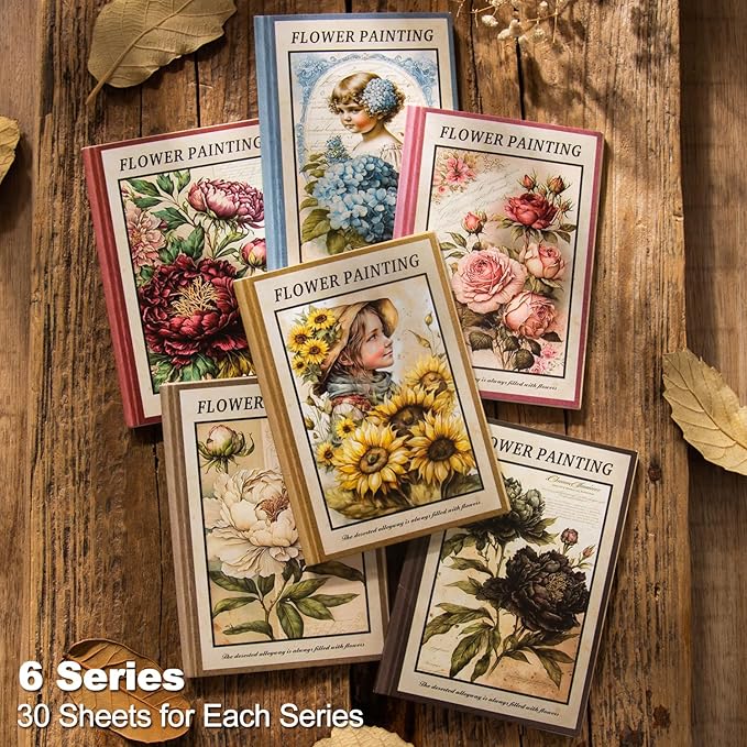 180Pcs Vintage Flower Scrapbook Paper, Ephemera Pack for Journaling and Junk Journal Supplies, Scrapbooking Kit with Glue Tape