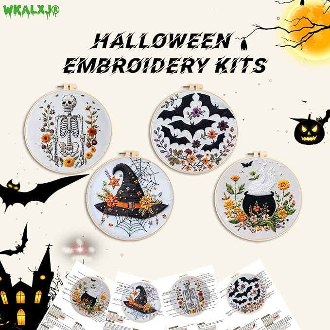 wkalxj 4 sets embroidery kits for beginners adults, cross stitch kits, needlepoint kits with instruction, video, needle point kits with bats cauldron hat skeleton patterns (4 sets c)