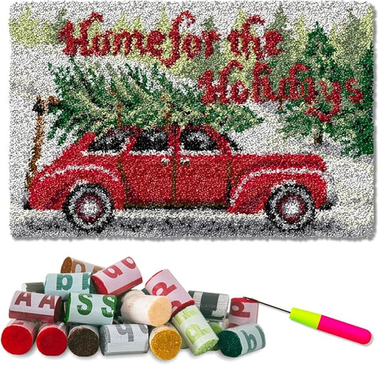 DL-YTG Latch Hook Kits Rug Christmas Car Crochet Yarn Cushion Colour Pre-Printed Canvas Cover Rug Needlework DIY Hook and Latch Kit Home Decoration 25x16in/62X40CM