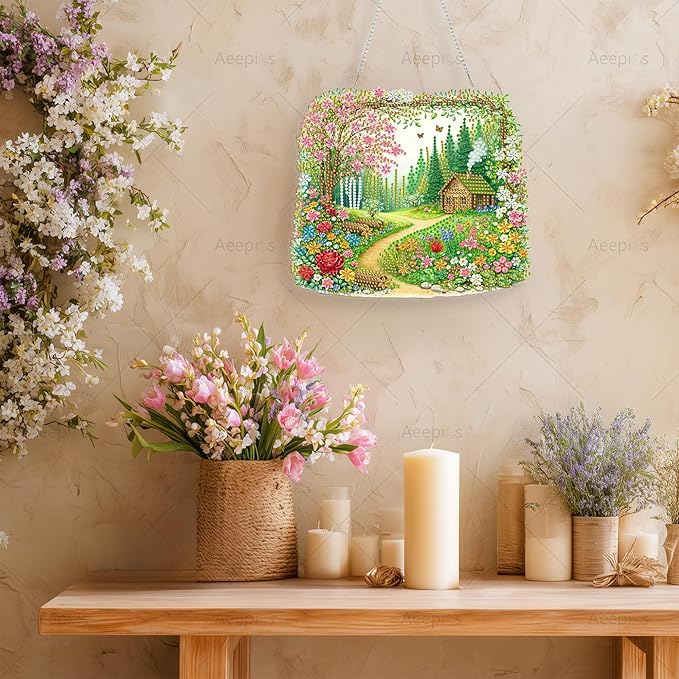 Aeepics Hanging Diamond Art Kit for Adult, DIY Diamonds Painting Pendant Ornament Kit, Acrylic Diamond Art Painting Board Kit (Cabin in The Wood)