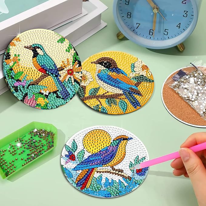 EWJRNSF 6 PCS Small Diamond Art Coasters Kits, Diamond Painting Coasters, Fall Diamond Art Kits for Adults Beginners, Arts and Crafts Item Sets with Holder for Drinks. Bird