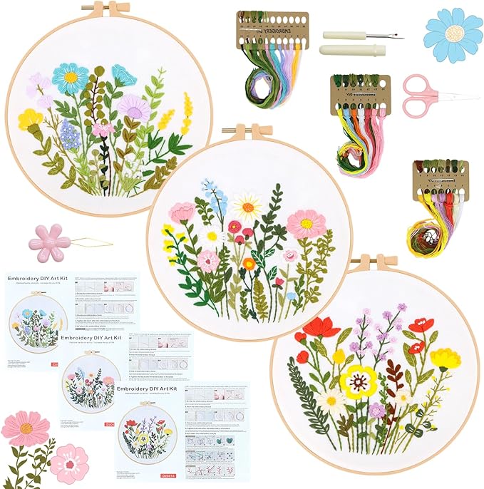 RIHYTFU 3 Pack Flower Embroidery Kits for Beginners, Adults Starter Cross Stitch Kit, DIY Sewing Needlepoint, Floral Plants Patterns Hand Stamped Embroidery Kits