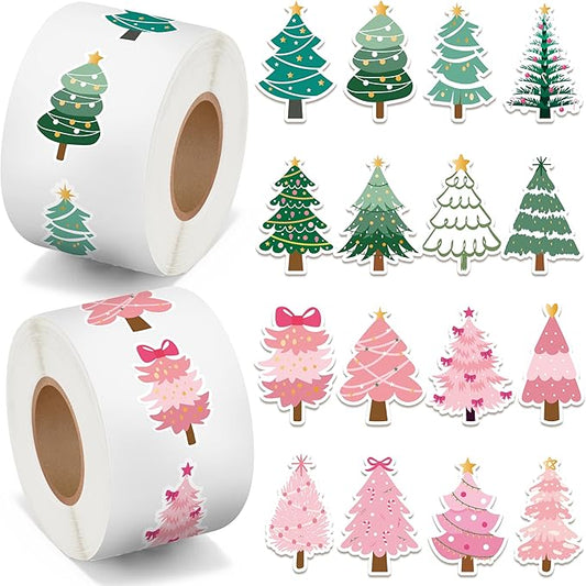 beyumi christmas pine tree sticker - 1000pcs pink and green xmas pine tree stickers in 2 rolls waterproof vinyl winter christmas cute decals party favor classroom bottle envelope gift decor for kids
