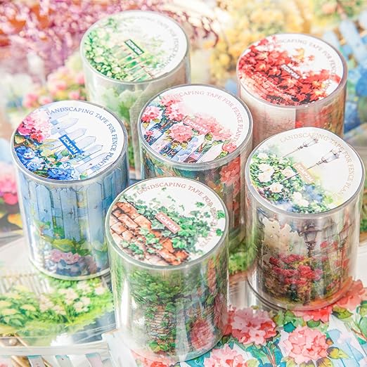 PET Tape Stickers for Journaling 6 Rolls Pre-Cut Flower Washi Tape Stickers Decorative Tape for Crafts Scrapbooking Junk Journal Supplies, Plants Fence