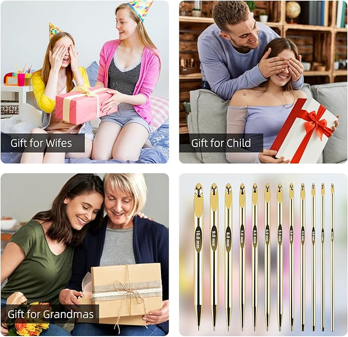 AIYUNDI Tunisian Crochet Hooks Set with Cable, 6-Inch Gold-Plated Aluminum Interchangeable Crochet Hooks 3mm-10mm, Long Crochet Hooks, Lightweight, Anti-Twist Swivel Cables, Ergonomic, Gold 26 PCS