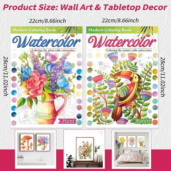 2Pcs Adults Water Coloring Book: 24 Advanced Exquisite Patterns – 100% Cotton 300gsm Paper, A4 Size – for Beginners & Professionals to Enhance & Consolidate Watercolor Techniques (Plant & Nature)