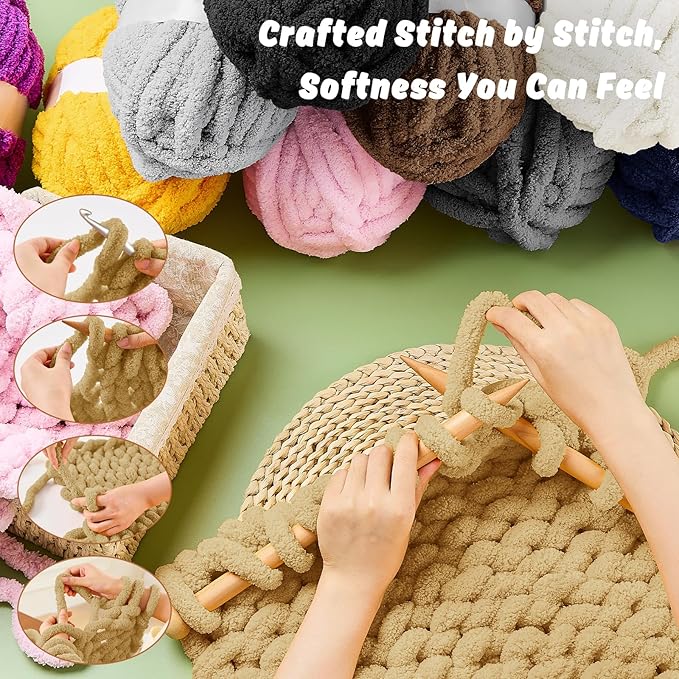 inhand 4 Pack Chunky Chenille Yarn for Crocheting– 30.6 Yards, 7.7oz, Super Bulky, Soft Fluffy Plush Yarn for Hand or Arm Knitting– Ideal for Blankets, Crafts & DIY Projects (Khaki)