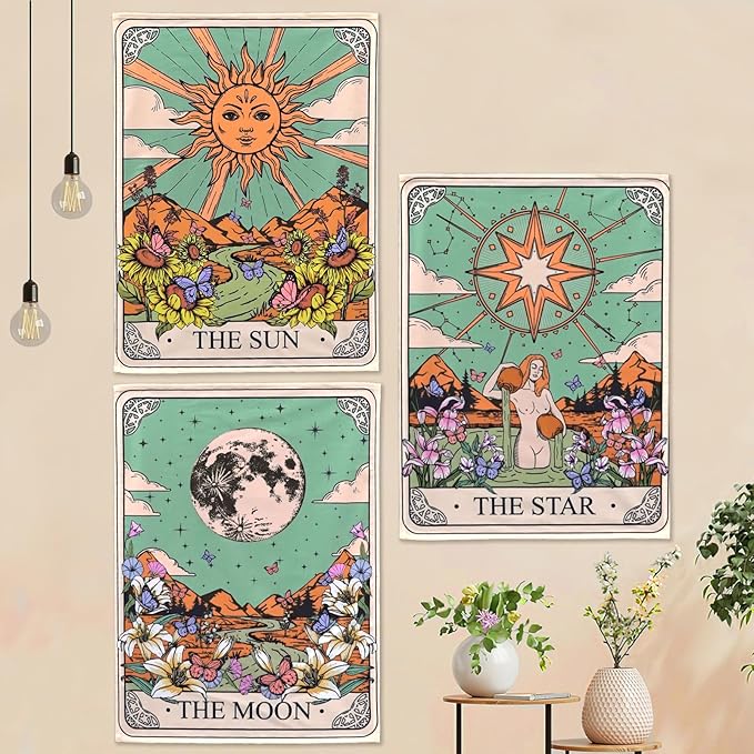 aipon tarot tapestry cute tarot card tapestries 3 pack sun moon star green floral flower small aesthetic tapestry wall hanging for bedroom living room dorm (20'' × 27'')