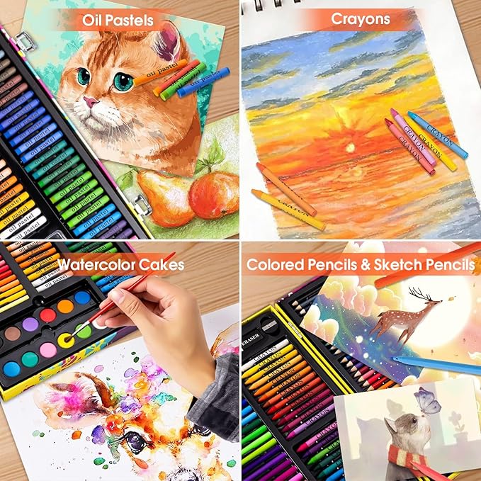 Art Supplies, 180 Pack Drawing Painting Set for Kids Girls Boys Teens, Coloring Art Kit Gift Case with Clipboard, Coloring Papers, Oil Pastels, Crayons, Colored Pencils, Watercolor Cakes, Markers