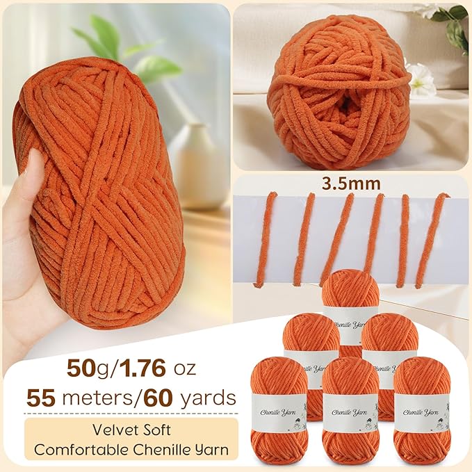 SIMEIQI 6 Pack of 1.76oz Chenille Yarn for Crocheting,60yards Soft Fluffy Velvet Yarn, Ideal Crochet for DIY Baby Blankets Toys Scarves Throw Pillows Hats Cushions(Orange)