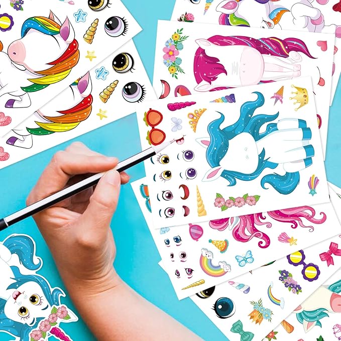 48 sheets make your own unicorns stickers for kids toddlers, make a fantasy face stickers for girls birthday party favors activities, valentines day gifts for kids classroom