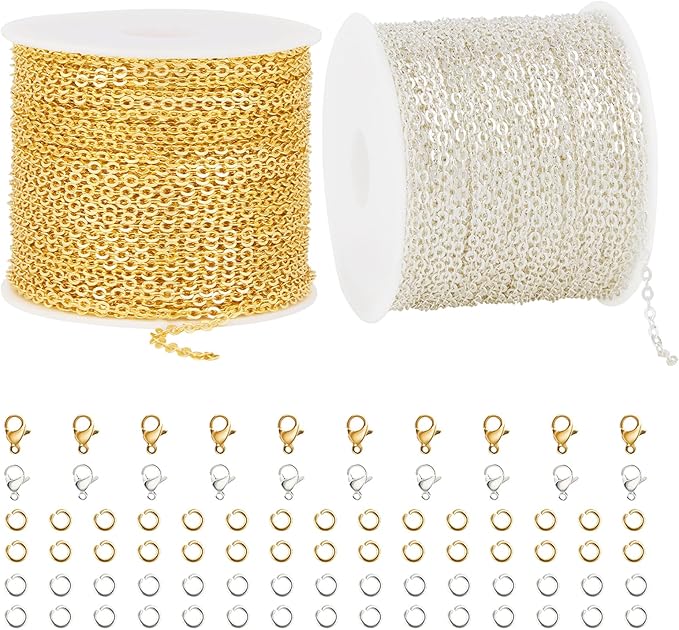 Kyutong 65.6 Feet Stainless Steel Jewelry Making Chains Bulk on Spool 2 Rolls Cross Cable Chain Links Gold Silver Craft Jewelry Supplies with Lobster Clasps Jump Rings for DIY Handcraft