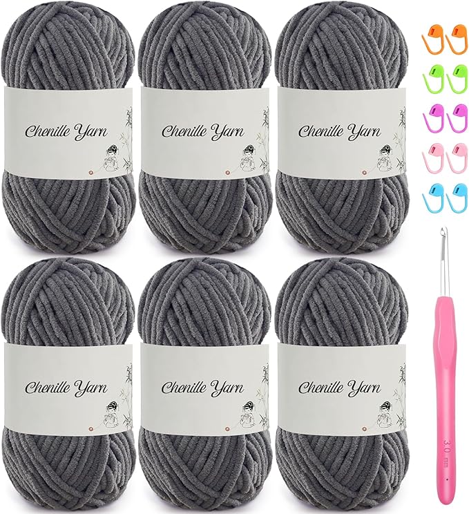 SIMEIQI 6 Pack of 1.76oz Chenille Yarn for Crocheting,60yards Soft Fluffy Velvet Yarn, Ideal Crochet for DIY Baby Blankets Toys Scarves Throw Pillows Hats Cushions(Grey)